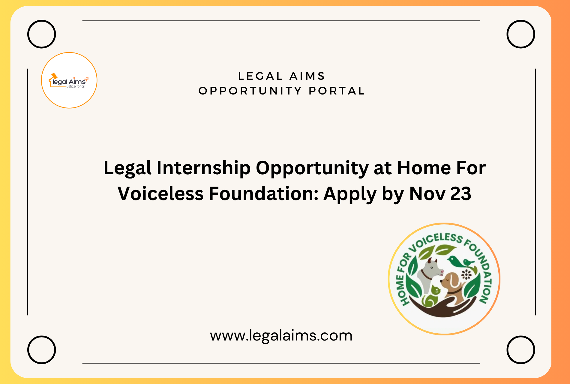 Legal Internship Opportunity at Home For Voiceless Foundation: Apply by Nov 23